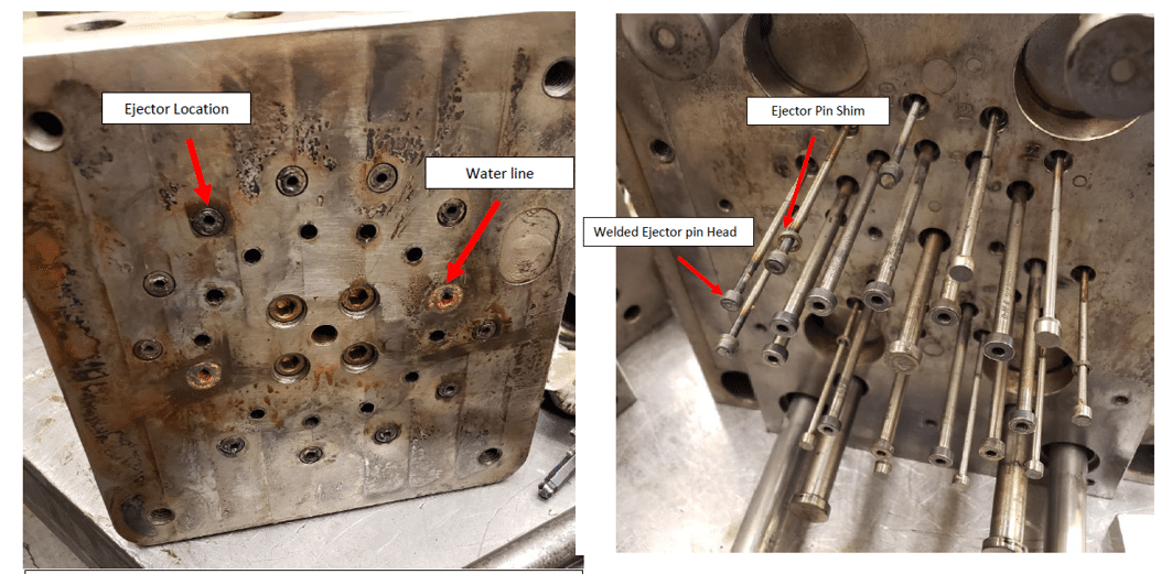 Transferred injection mold inspection showing ejector locations, water lines, ejector-pin shims and a welded ejector-pin head.